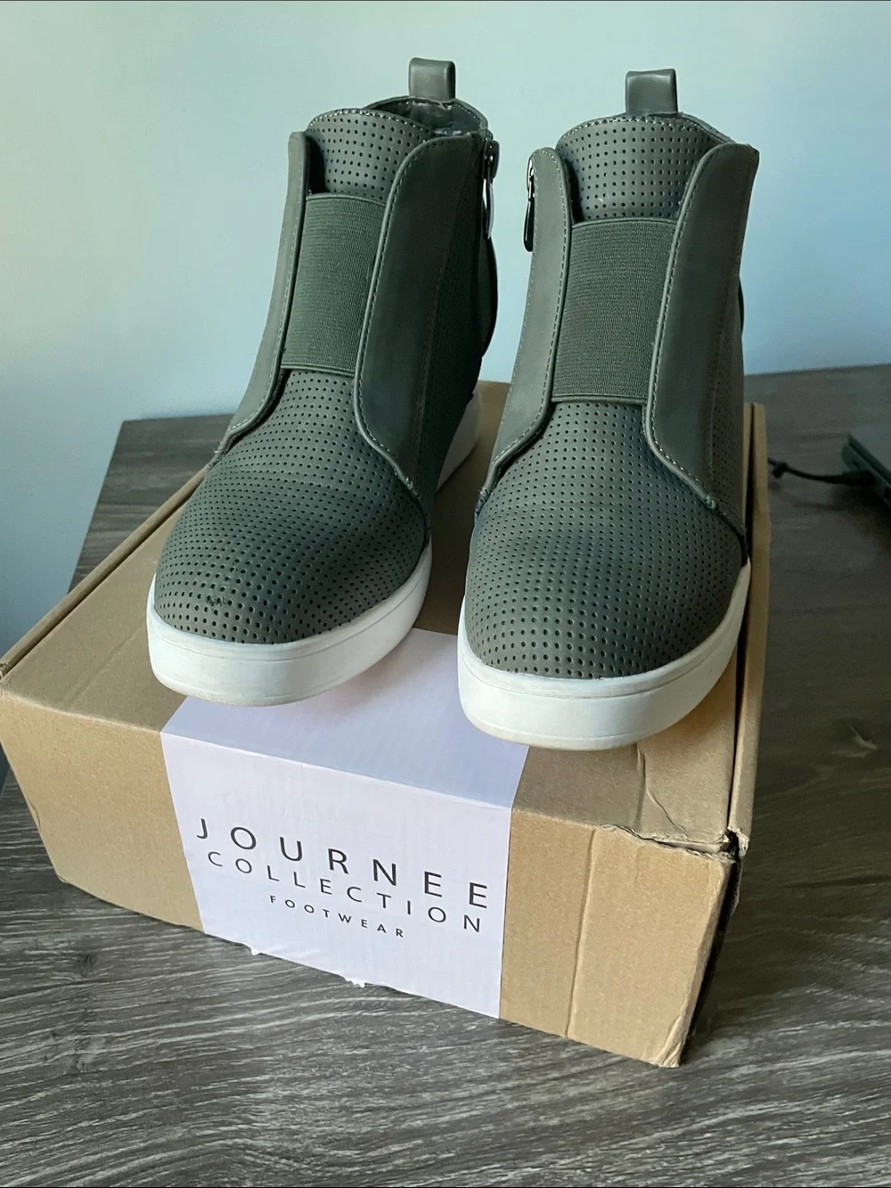 Journee Clara Olive Perforated Side Zip Slip-On Wedge Sneakers
